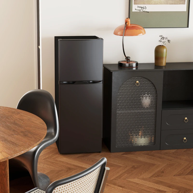 HOMCOM Double Door Mini Fridge with Freezer, 4.6 Cu.Ft Small Refrigerator with Thermostat, Shelves, Reversible Door, Black