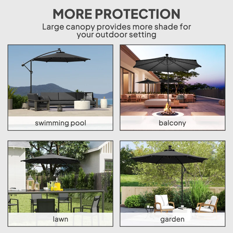 Outsunny 10ft Outdoor Cantilever Umbrella Banana Umbrella with Solar Lights and Adjustable Angle for Patio Backyard Black