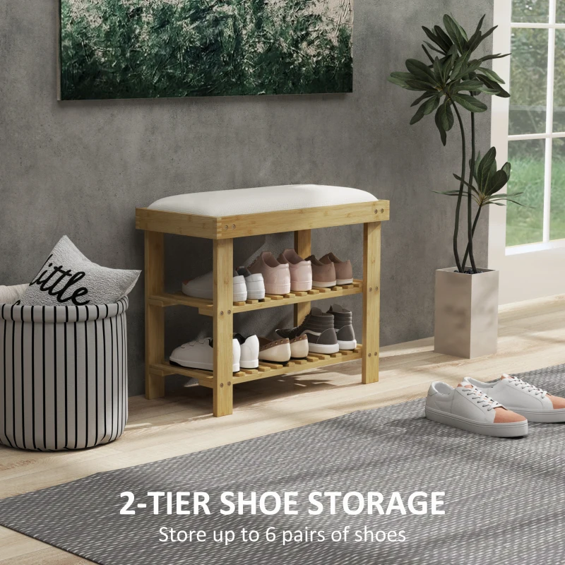 HOMCOM Bamboo Shoe Storage Bench, 3-Tier Entryway Bench with Cushion, Shoe Organizer for Entryway, Hallway, Cream White
