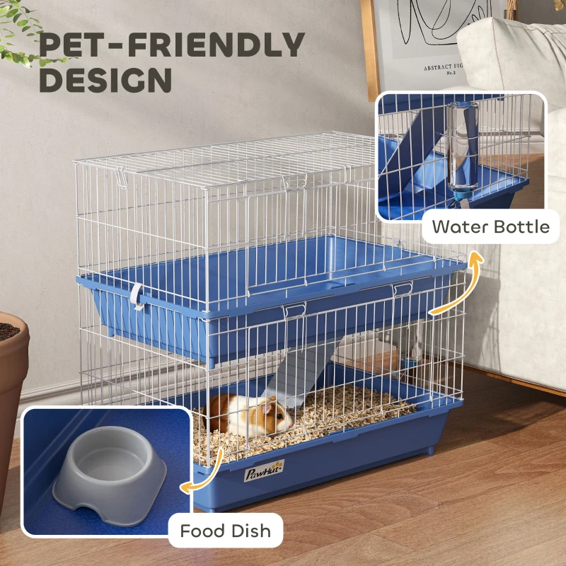 PawHut Metal Small Animal Cage, 2-Tier Guinea Pig Cage with 2 Doors, Platforms, Wide Ramp, Dish and Bottle, Deep Base, for Ferrets, Chinchillas, Bunnies, Blue
