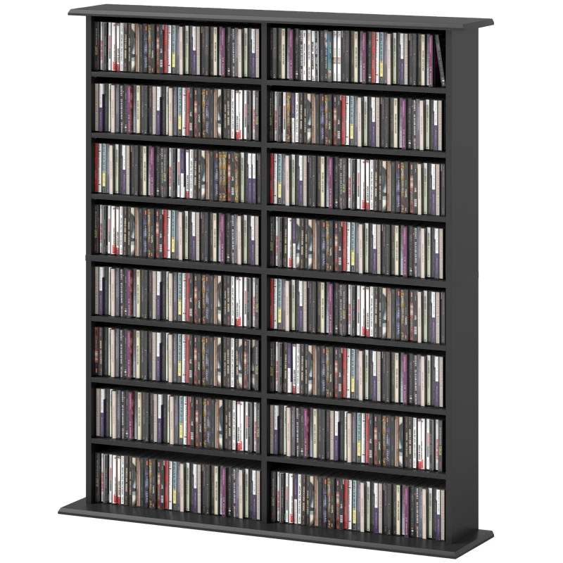 HOMCOM 8-Tier DVD Shelf with 12 Adjustable Shelves, Double CD Shelf, Holds 720 CDs, 396 DVDs or 396 Blu-rays, Black