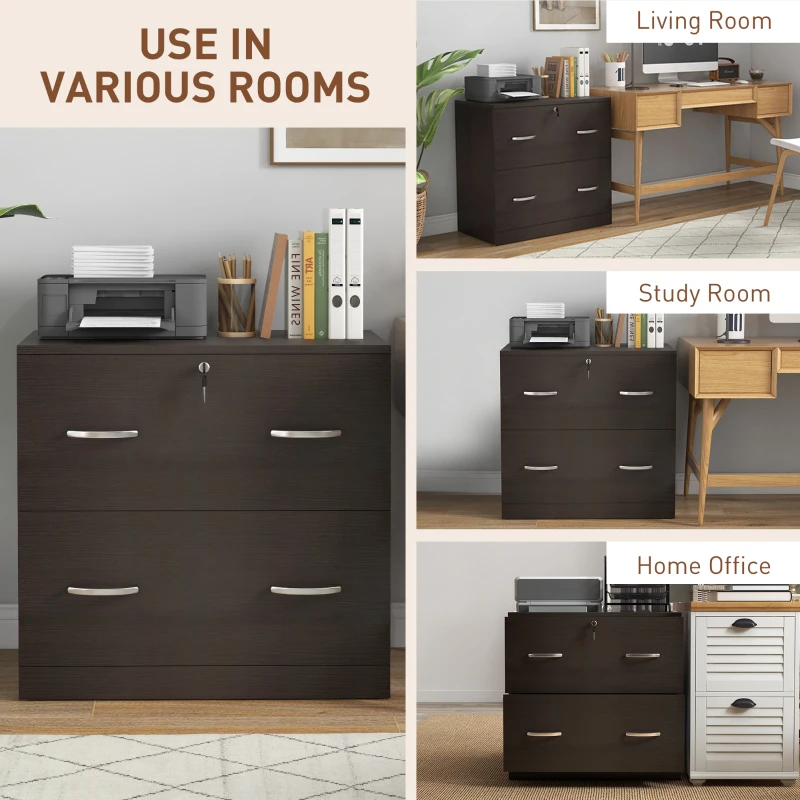Vinsetto 2-Drawer File Cabinet with Lock and Keys, Lateral Storage Filing Cabinet with Hanging Bar for Letter Size, Home Office, Espresso