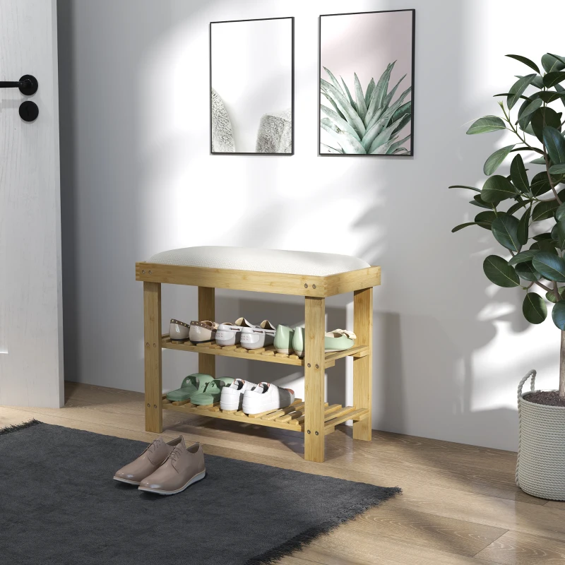 HOMCOM Bamboo Shoe Storage Bench, 3-Tier Entryway Bench with Cushion, Shoe Organizer for Entryway, Hallway, Cream White