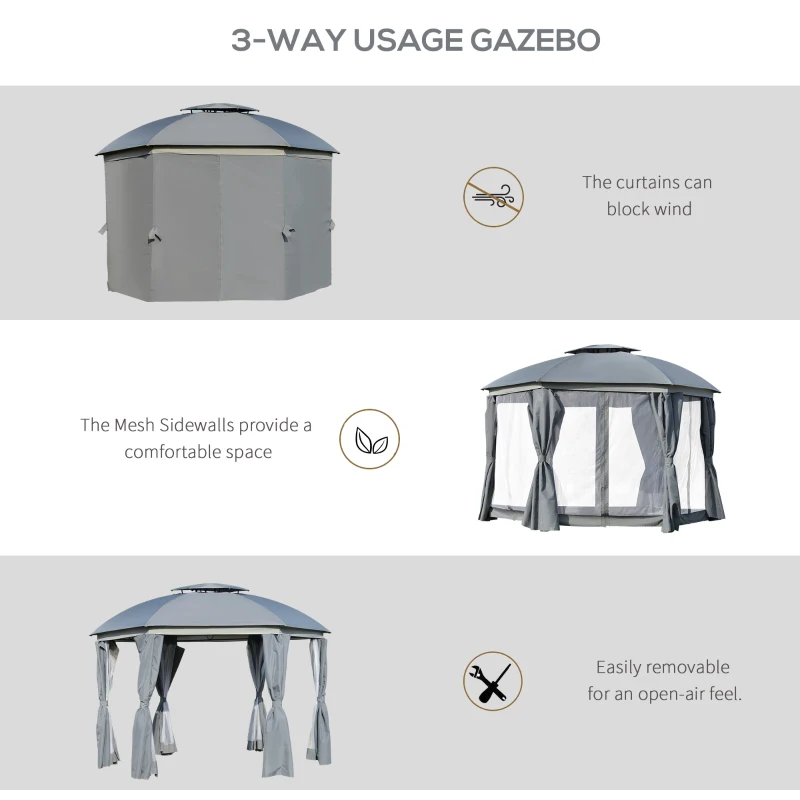 Outsunny 12' x 12' Outdoor Gazebo Canopy, Dome Patio Gazebo Netting Sidewalls and Curtains, Double Vented Roof, Dark Grey