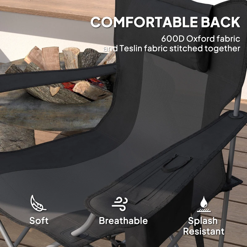 Outsunny Folding Rocking Camping Chairs, Portable Chairs with Headrest, Cooler Bag, Cup Holder, Carry Bag, 2 Pack, Black