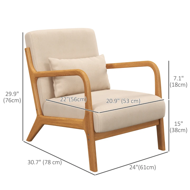 HOMCOM Fabric Lounge Chair, Velvet Armchair, Retro Accent Chair with Wood Legs and Thick Padding for Bedroom, Beige
