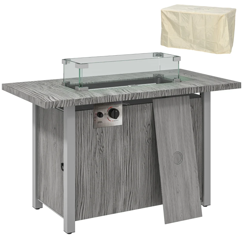 Outsunny 50,000 BTU Gas Fire Pit Table with Cover and Glass Screen, Grey