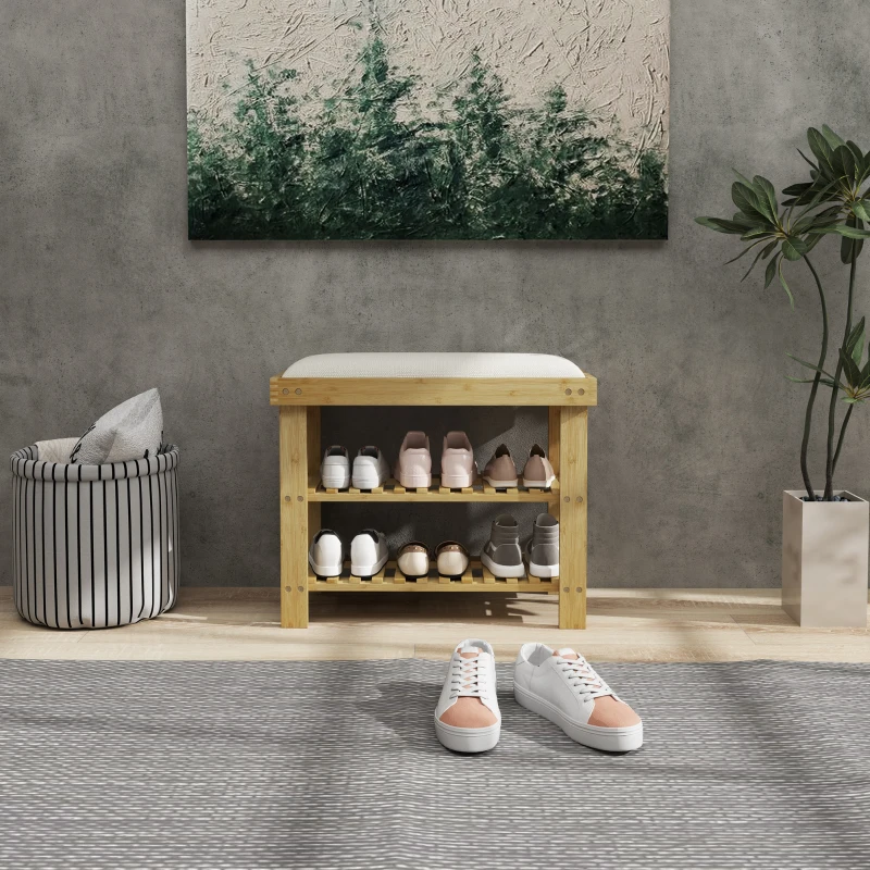 HOMCOM Bamboo Shoe Storage Bench, 3-Tier Entryway Bench with Cushion, Shoe Organizer for Entryway, Hallway, Cream White
