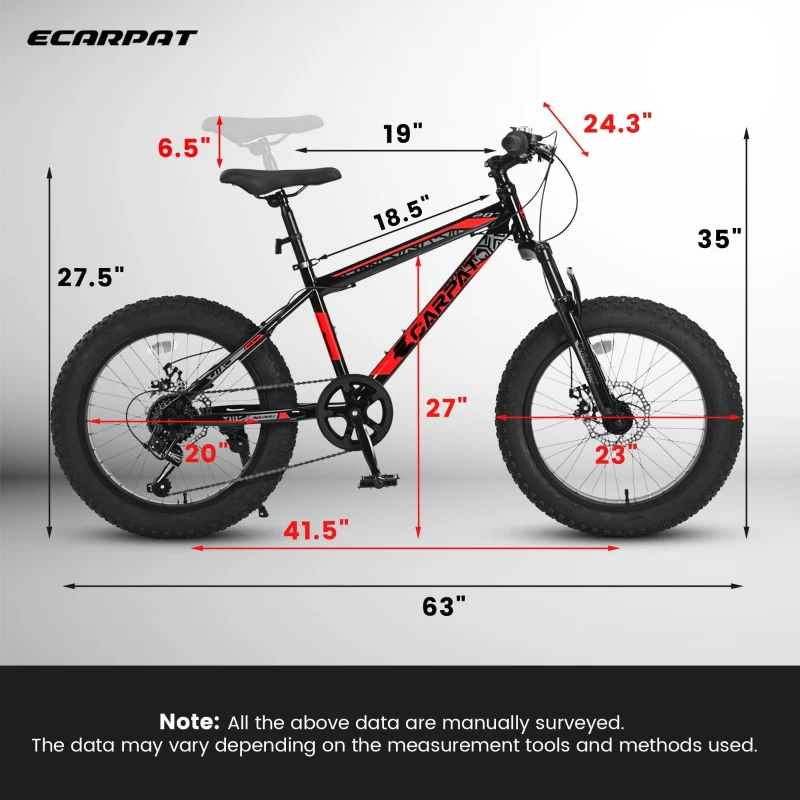 20" Kids' Fat Tire Mountain Bike with 7-Speed Drivetrain, and Dual Disc Brakes, for Ages 8-12, 63" L x 24.5" W x 35" H, Black+Red