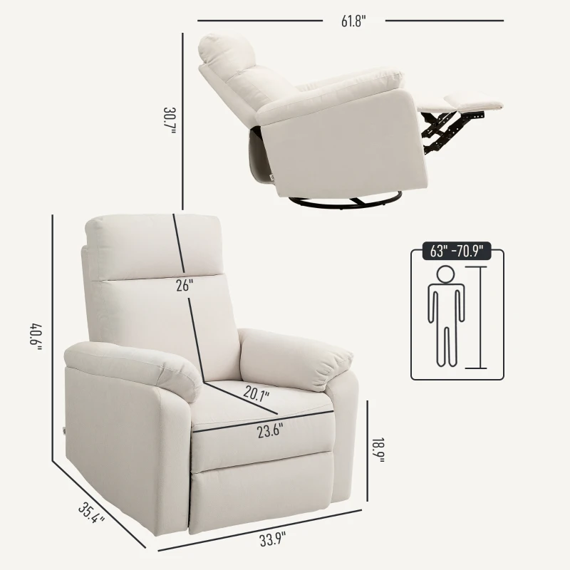 HOMCOM Recliner Chair, Wide Swivel Rocker Chair, Overstuffed Single Sofa with Pocket Spring, Footrest, Quick Assembly, Cream
