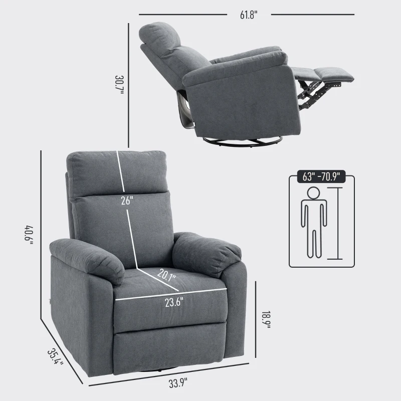 HOMCOM Recliner Chair, Wide Swivel Rocker Chair, Overstuffed Single Sofa with Pocket Spring, Footrest, Quick Assembly, Gray