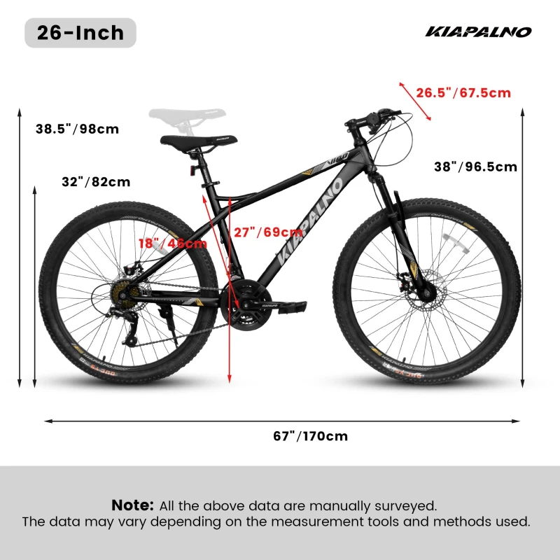 26" Mountain Bike with 21-Speed High-Carbon Steel Frame, Dual Disc Brakes, Adjustable Seatpost, 67" L x 26.5" W x 38.5" H, Black+Gray