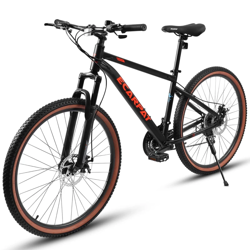 27.5" High Carbon Steel Mountain Bike with Dual Disc Brakes, Thumb Shifter, All-Terrain Tires, 21-Speed Trail Commuter for Adults, Black+Red