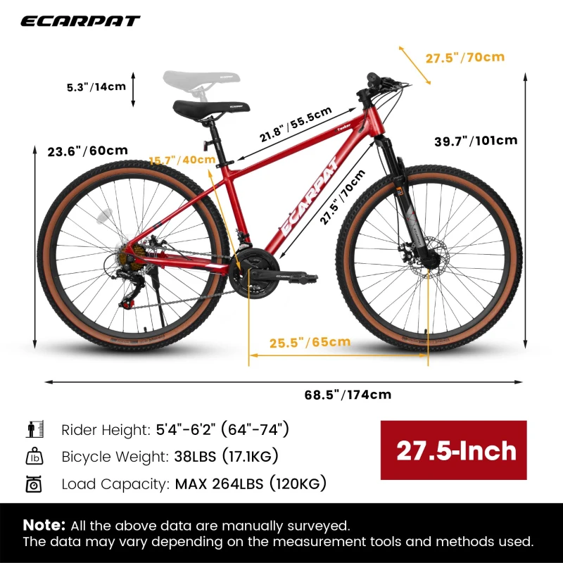 27.5" Mountain Bike with Dual Disc Brakes, Front Fork Suspension, 21-Speed Aluminum Trail Commuter, 68.5" L x 27.5" W x 40" H, Red
