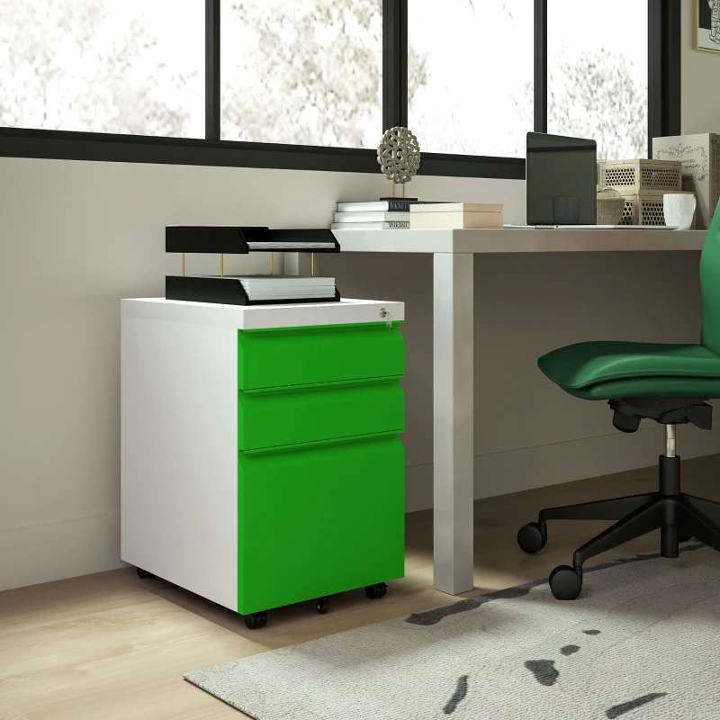 Vinsetto 3 Drawer Filing Cabinet, Lockable Office Storage Cabinet on Wheels for Legal, Letter, A4 Files, Green