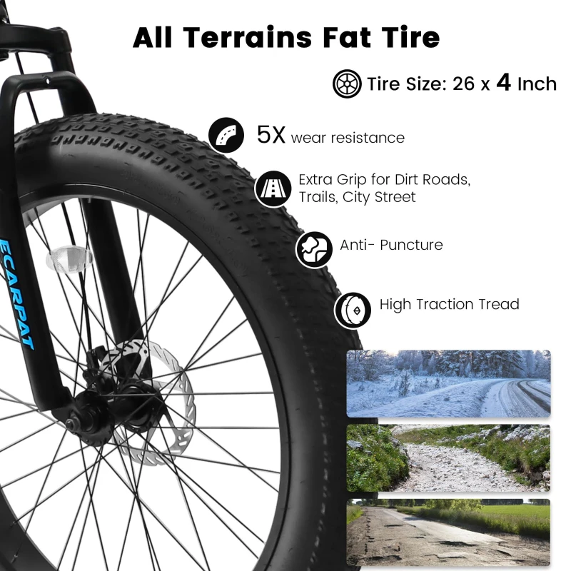 26" Fat Tire Mountain Bike with 21-Speed Drivetrain, High Carbon Steel Frame, Shock Absorbing Design, 74" L x 27.5" W x 41.5" H, Gray