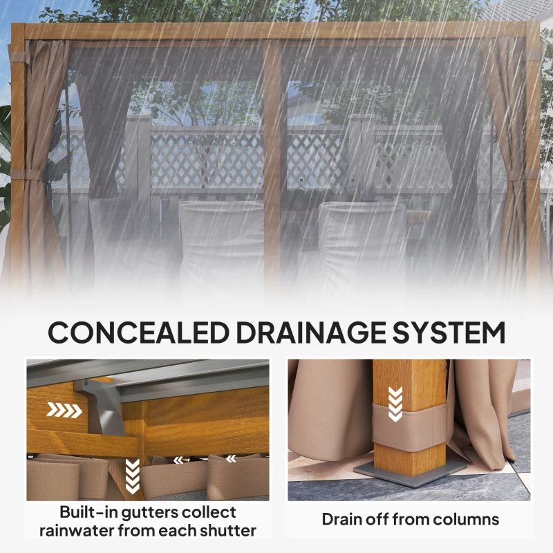 Outsunny 10' x 13' Outdoor Retractable Pergola w/ Sun Shade Louvered Top, Pergola w/ Canopy, Curtains, Netting, Natural Wood