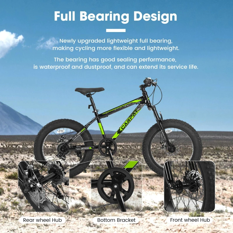 20" Kids' Fat Tire Mountain Bike with 7-Speed Drivetrain, and Shock-Absorbing Front Fork, for Ages 8-12, 63" L x 24.5" W x 35" H, Blackish Green