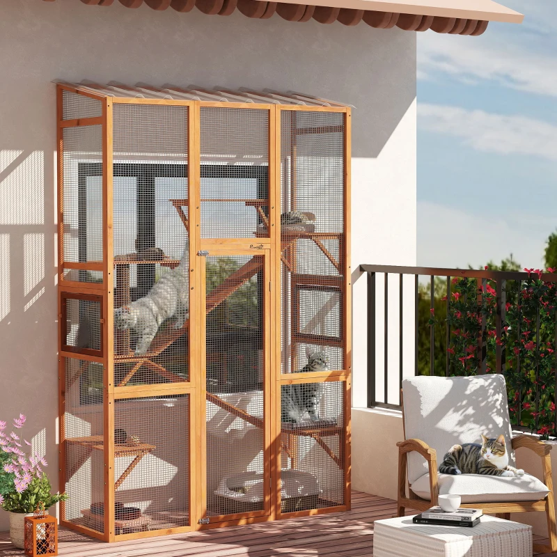 PawHut Outdoor Catio Cat Enclosure, Large Wooden Cat House with 6 Jumping Platforms, Scratching Post, 2 Ramps, for 2-3 Kittens