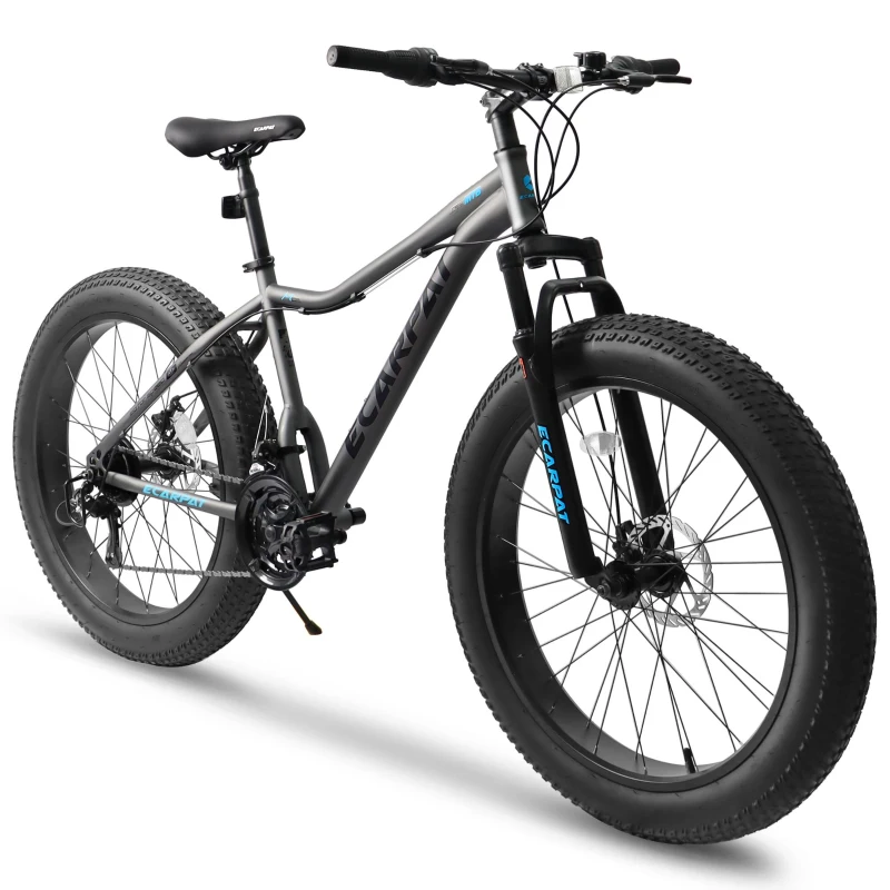 26" Fat Tire Mountain Bike with 21-Speed Drivetrain, High Carbon Steel Frame, Shock Absorbing Design, 74" L x 27.5" W x 41.5" H, Gray