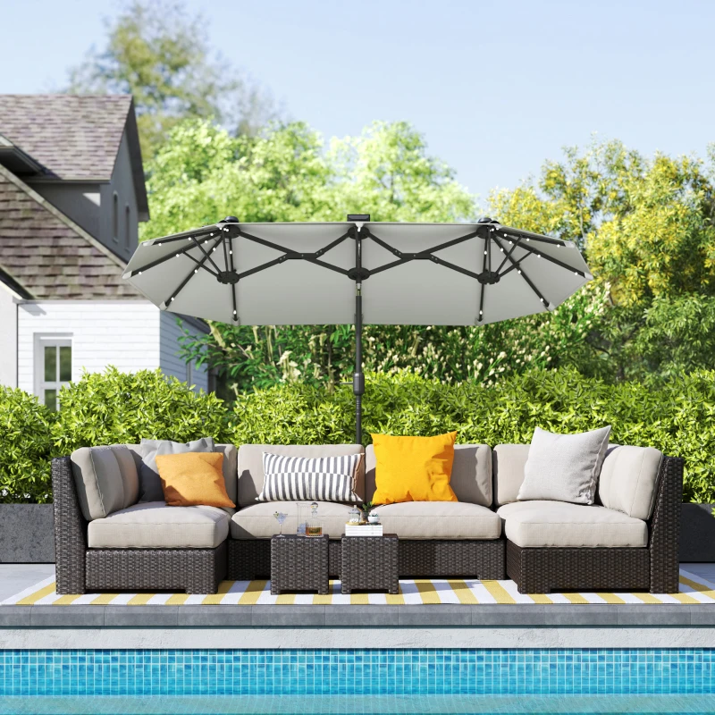Outsunny Double-sided Outdoor Patio Umbrella with Solar Lights and Base, Dining Table Umbrella Push Button Tilt, Gray