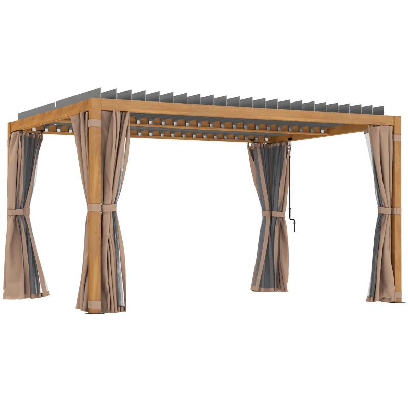 Outsunny 10' x 13' Outdoor Retractable Pergola w/ Sun Shade Louvered Top, Pergola w/ Canopy, Curtains, Netting, Natural Wood
