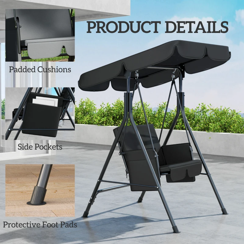 Outsunny 1-Seat Outdoor Porch Swing Patio Swing with Adjustable Canopy, Removable Seat and Back Cushion for Garden, Poolside