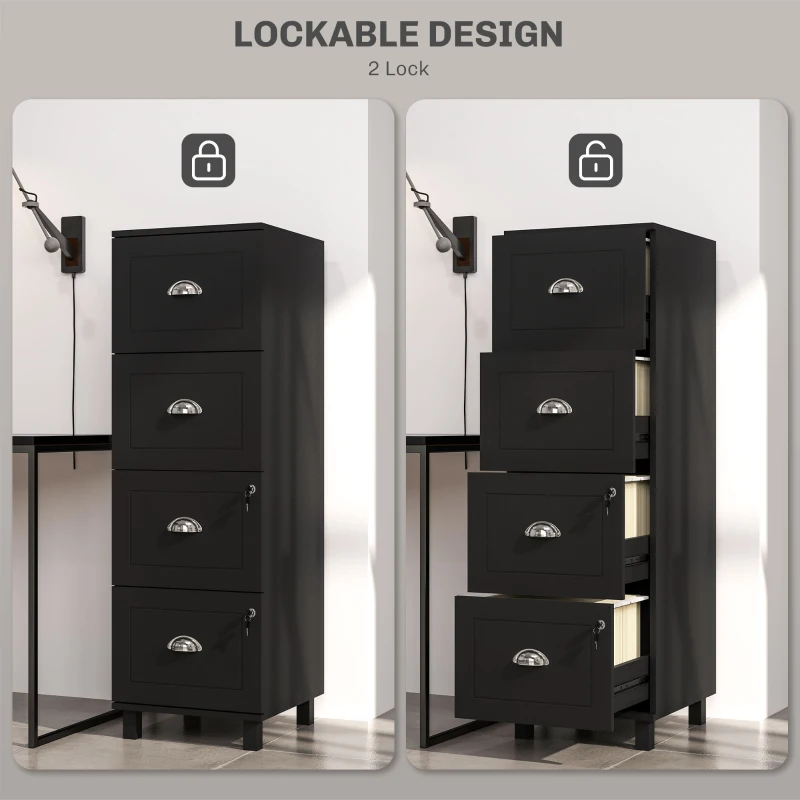 HOMCOM 4 Drawer File Cabinet with Lock, Office Filing Cabinet, A4 Letter Size, Hanging File Folders, Black