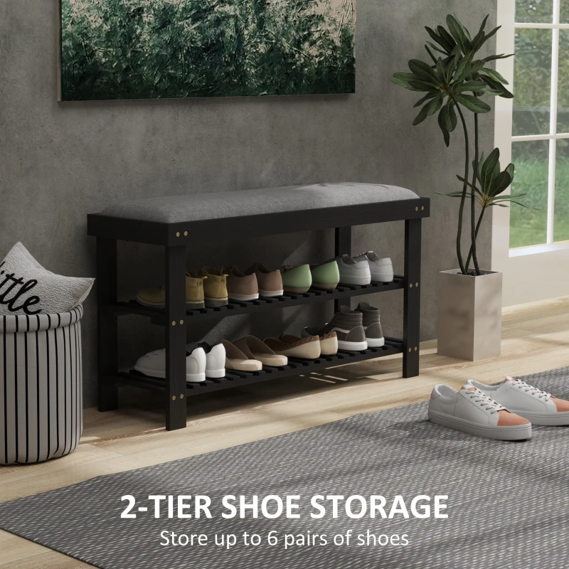 HOMCOM Bamboo Shoe Storage Bench, 3-Tier Entryway Bench with Cushion, Shoe Organizer for Entryway, Hallway, Black