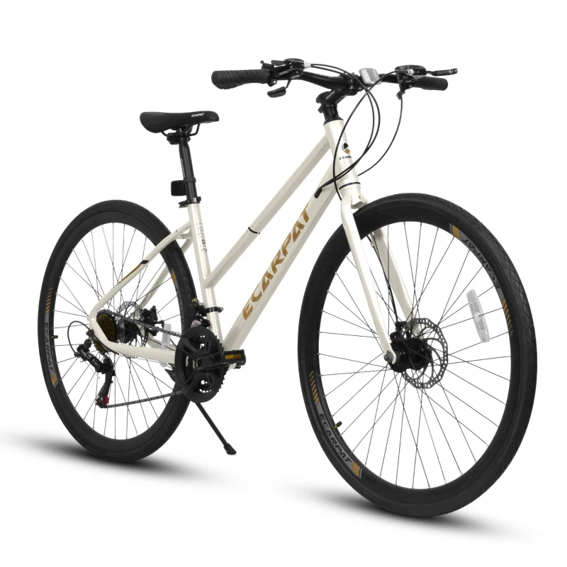21-Speed 700C Road Hybrid Bike with Dual-Disc Brakes for Adults, 85% Pre-Assembled, 68" L x 27.5" W x 37.5" H, Cream