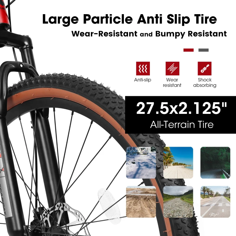 27.5" Mountain Bike with Dual Disc Brakes, Front Fork Suspension, 21-Speed Aluminum Trail Commuter, 68.5" L x 27.5" W x 40" H, Red