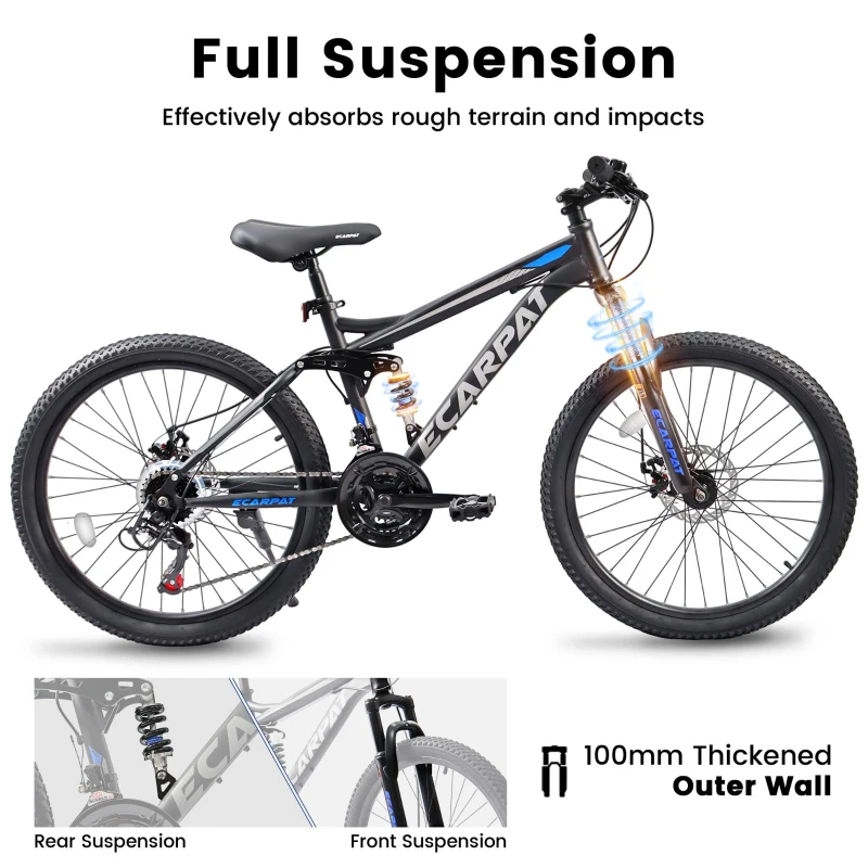 27.5" High Carbon Steel Mountain Bike with Disc Brakes, Grip Shifter, Front Fork, Shock Absorber, 21-Speed Full Suspension Trail Commuter, Black
