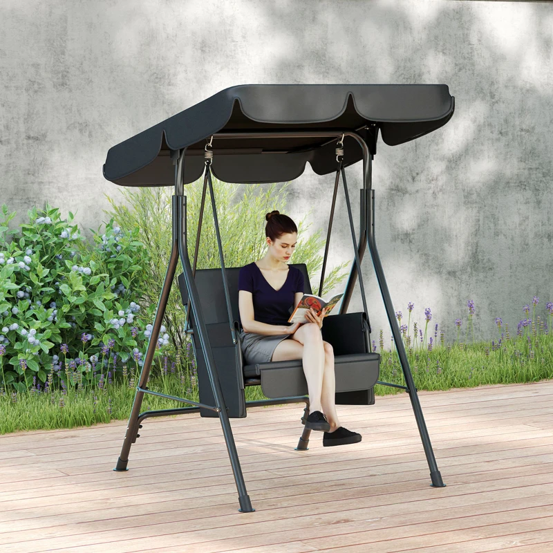 Outsunny 1-Seat Outdoor Porch Swing Patio Swing with Adjustable Canopy, Removable Seat and Back Cushion for Garden, Poolside