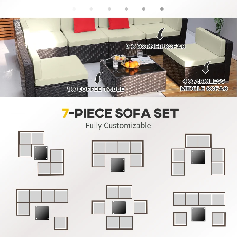 Outsunny 7 Pieces Patio Sofa Outdoor Wicker Sectional Patio Furniture, Dark Brown & Beige