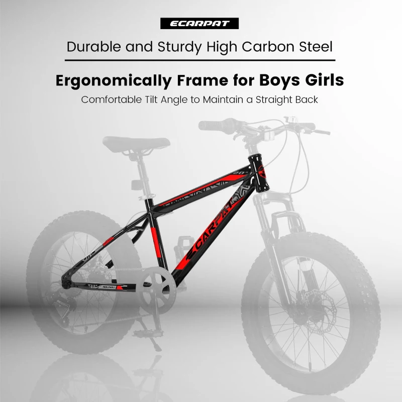 20" Kids' Fat Tire Mountain Bike with 7-Speed Drivetrain, and Dual Disc Brakes, for Ages 8-12, 63" L x 24.5" W x 35" H, Black+Red