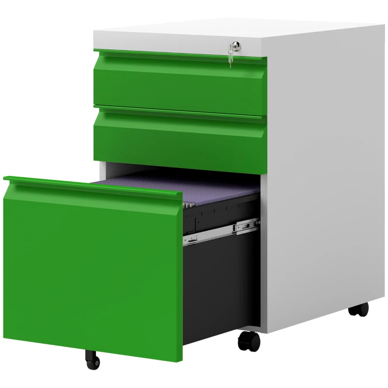 Vinsetto 3 Drawer Filing Cabinet, Lockable Office Storage Cabinet on Wheels for Legal, Letter, A4 Files, Green