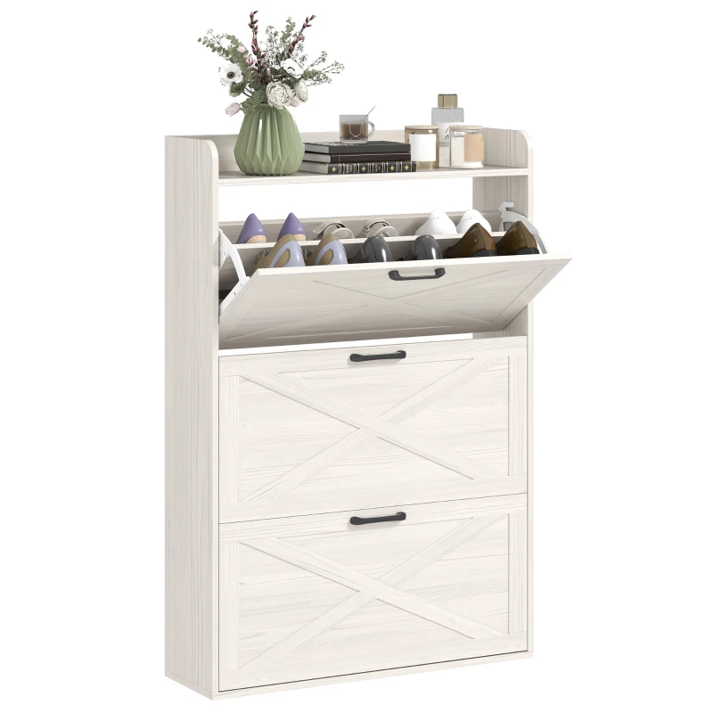 HOMCOM Narrow Shoe Storage Cabinet Farmhouse Shoe Cabinet with 3 Flip Drawers Adjustable Shelves for Entryway White Oak