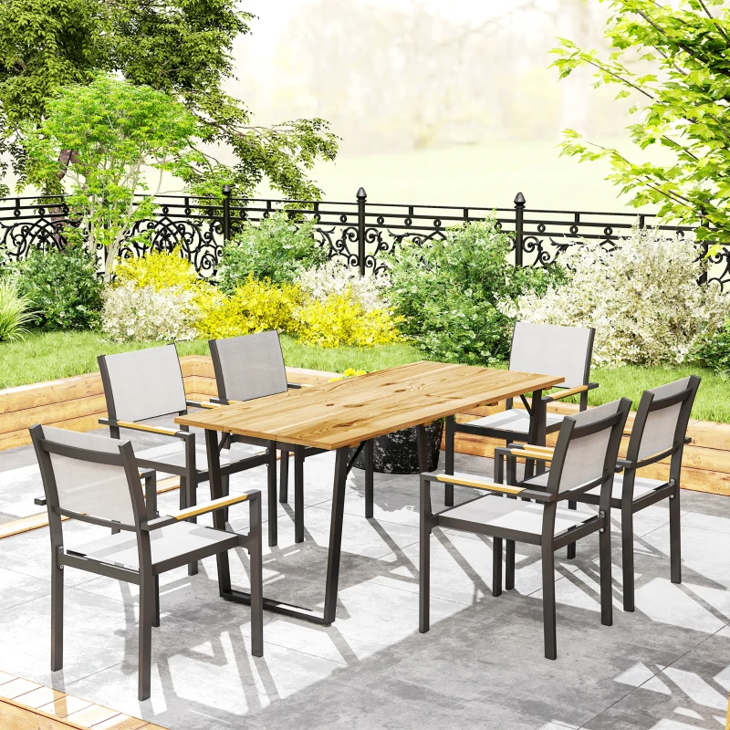 Outsunny Wooden Outdoor Dining Table for 6 with 2" Umbrella Hole, Slatted Tabletop, Metal Frame, for Yard, Deck, Lawn