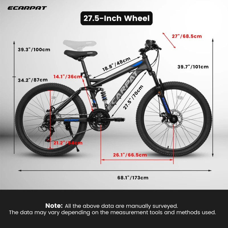 27.5" High Carbon Steel Mountain Bike with Disc Brakes, Grip Shifter, Front Fork, Shock Absorber, 21-Speed Full Suspension Trail Commuter, Black