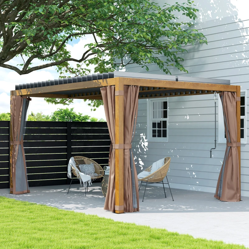 Outsunny 10' x 13' Outdoor Retractable Pergola w/ Sun Shade Louvered Top, Pergola w/ Canopy, Curtains, Netting, Natural Wood