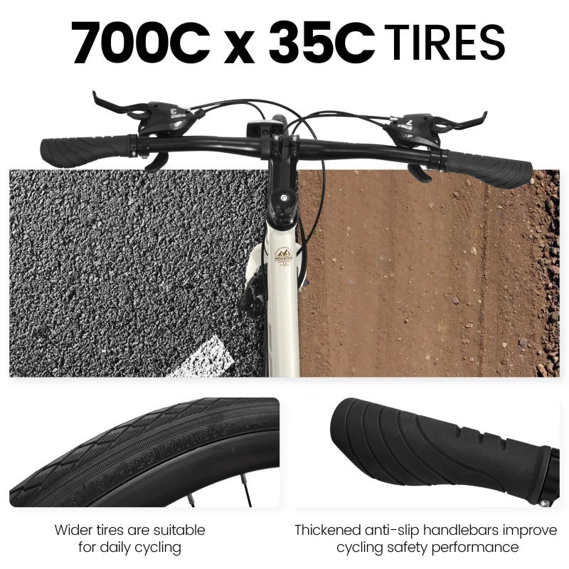 21-Speed 700C Road Hybrid Bike with Dual-Disc Brakes for Adults, 85% Pre-Assembled, 68" L x 27.5" W x 37.5" H, Cream