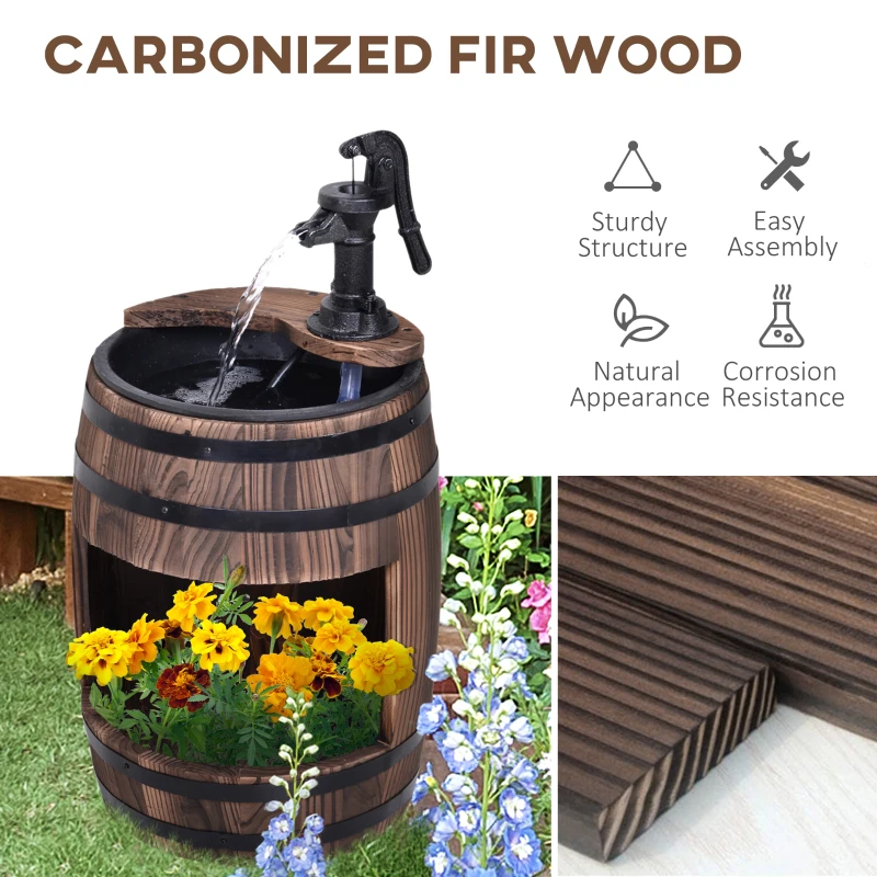 Outsunny 23" H Outdoor Water Fountain Wood and Plastic Rustic Apple Barrel Pump Garden Decor for Outside Backyard