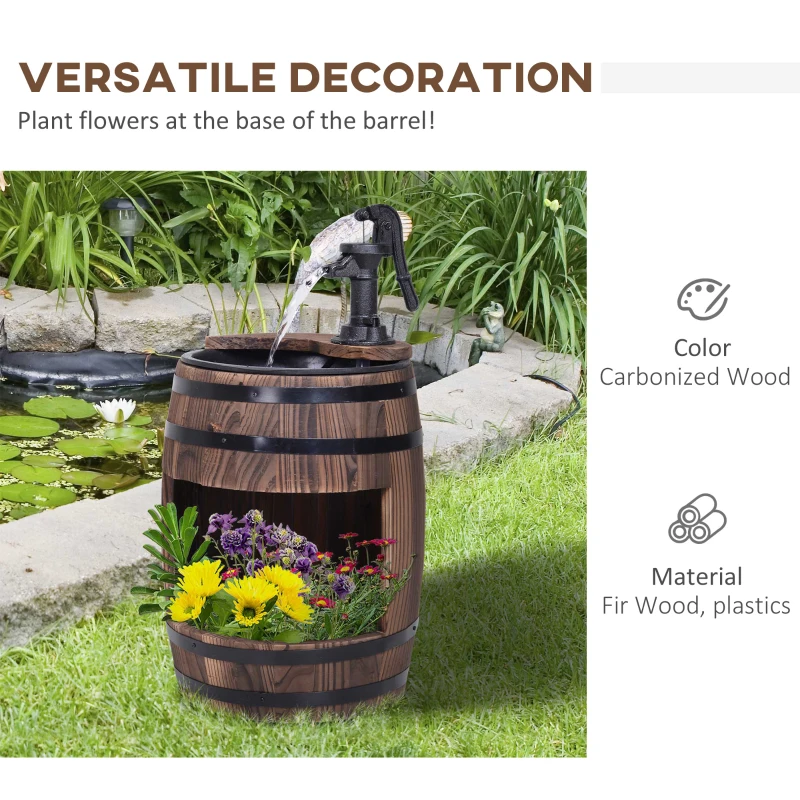 Outsunny 23" H Outdoor Water Fountain Wood and Plastic Rustic Apple Barrel Pump Garden Decor for Outside Backyard