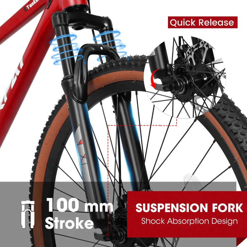 27.5" Mountain Bike with Dual Disc Brakes, Front Fork Suspension, 21-Speed Aluminum Trail Commuter, 68.5" L x 27.5" W x 40" H, Red