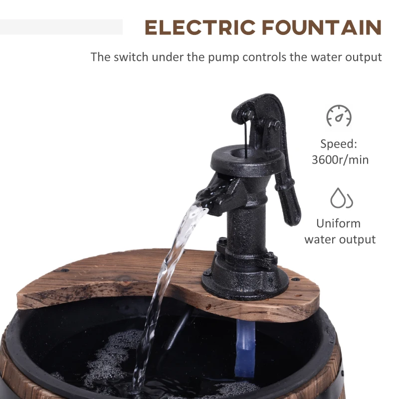 Outsunny 23" H Outdoor Water Fountain Wood and Plastic Rustic Apple Barrel Pump Garden Decor for Outside Backyard