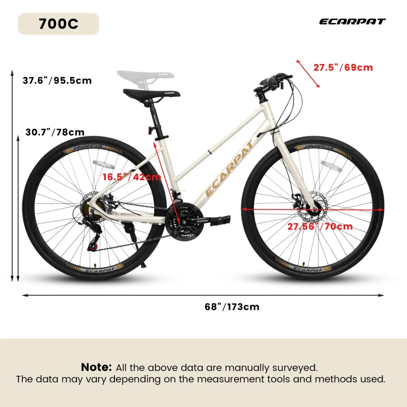 21-Speed 700C Road Hybrid Bike with Dual-Disc Brakes for Adults, 85% Pre-Assembled, 68" L x 27.5" W x 37.5" H, Cream