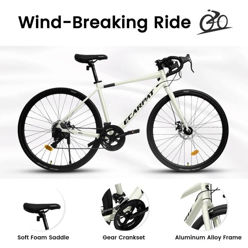 M Size 700C Road Bike with 16-Speed Lightweight Aluminum Frame, Perfect for City Commuting and Racing, Cream
