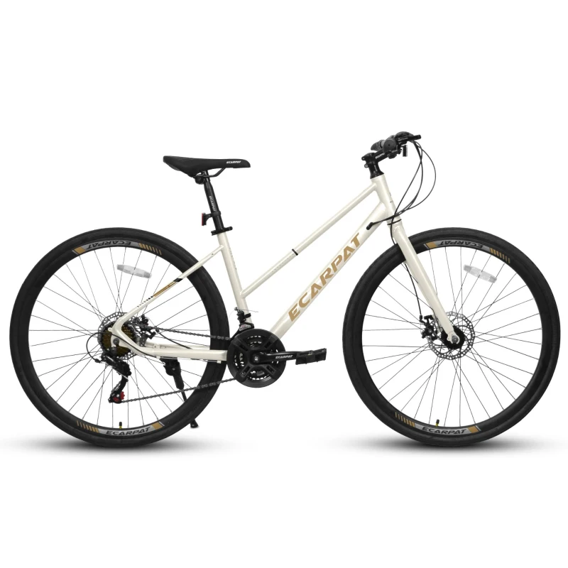 21-Speed 700C Road Hybrid Bike with Dual-Disc Brakes for Adults, 85% Pre-Assembled, 68" L x 27.5" W x 37.5" H, Cream