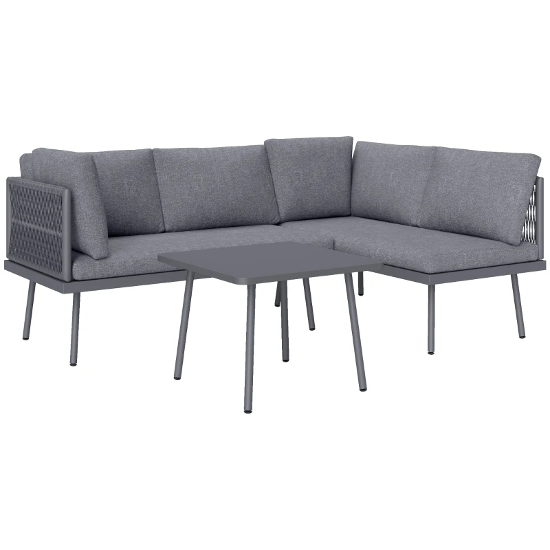 Outsunny 3 Pieces Outdoor Furniture Set, L Shaped Wicker Patio Furniture Conversation Set with Cushions, Steel Table, Grey