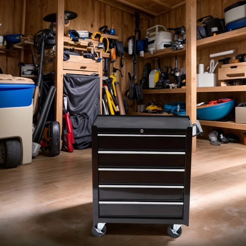 HOMCOM 5 Drawer Roller Tool Chest, Mobile Lockable Toolbox, Storage Organizer with Handle for Workshop Mechanics Garage, Black